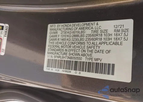 2022 Honda Odyssey Ex-L from USA, damaged, VIN 5FNRL6H73NB050550